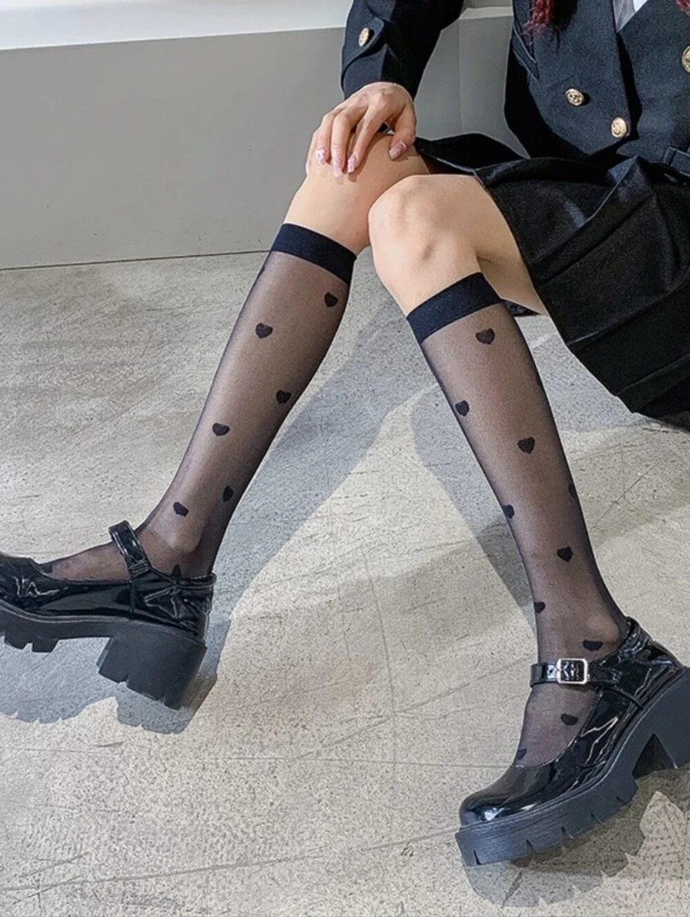 Sheer Knee-High Heart Pattern Socks - Black